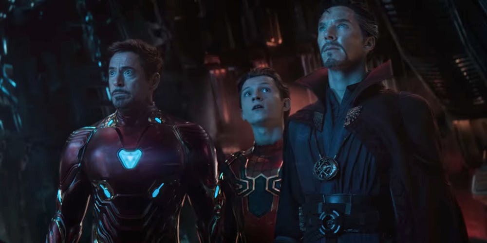Tony Stark Spider Man and Doctor Strange in Avengers Infinity War