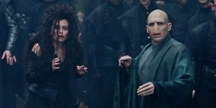 Helena Bonham Carter as Bellatrix Lestrange and Ralph Fiennes as Voldemort in Harry Potter and the Deathly Hallows Part 2