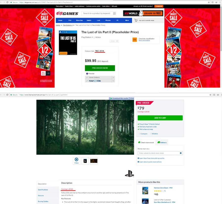 The Last of Us Part 2 EB Games listing